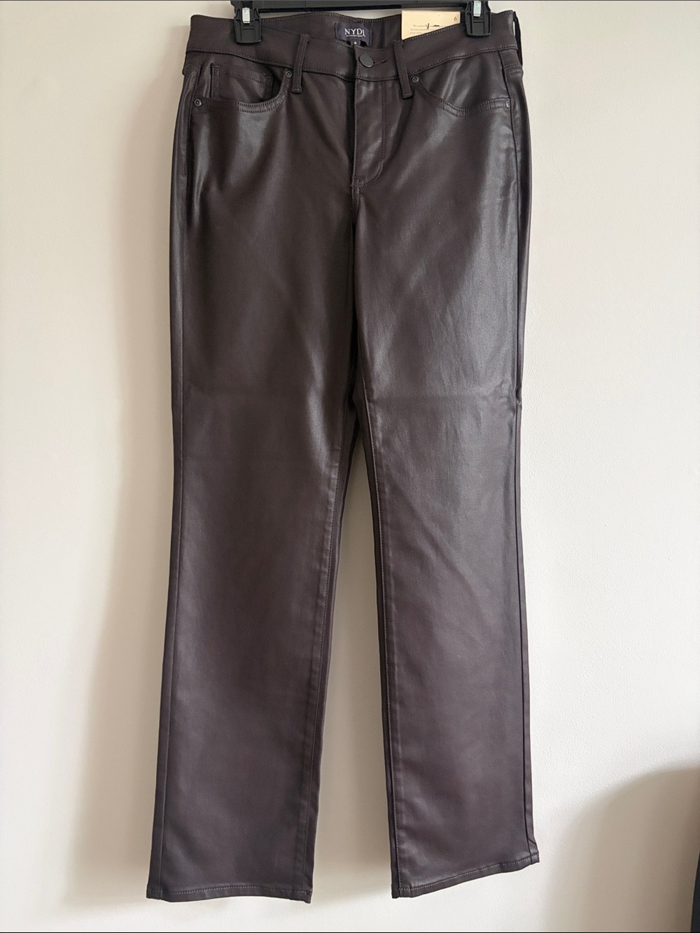 NYDJ Straight-Leg Faux Leather Pants in Dark Brown